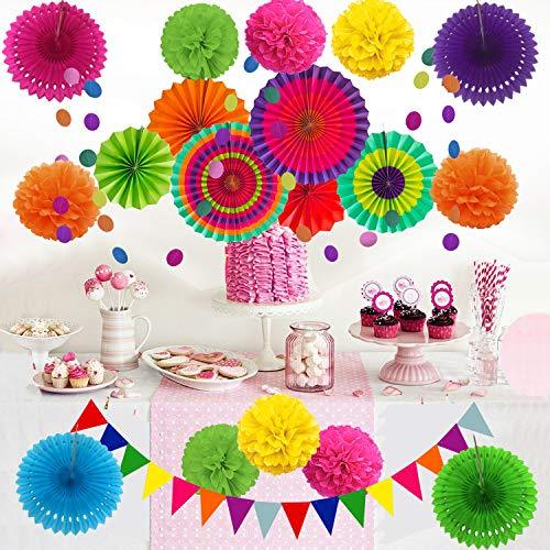 21 Pcs Multi-color Hanging Paper Fans, Pom Poms Flowers, Garlands String Polka Dot and Triangle Bunting Flags for Birthday Parties, Wedding - Decotree.co Online Shop