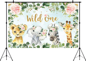 Girl Jungle Safari Animals Wild One Backdrop 1st Birthday Pink Floral Green Leaves Photography Background - Decotree.co Online Shop