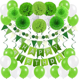 Birthday Party Decoration, Happy Birthday Banner Bunting with 4 Paper Fans Tissue 6 Paper Pom Poms Flower 10 Hanging Swirl and 20 Balloon for Birthday Party Decorations -Green and White - Decotree.co Online Shop
