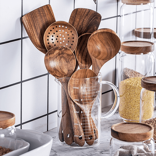 7 Piece Natural Teak Wood Spoons & Kitchen Utensils - Decotree.co Online Shop