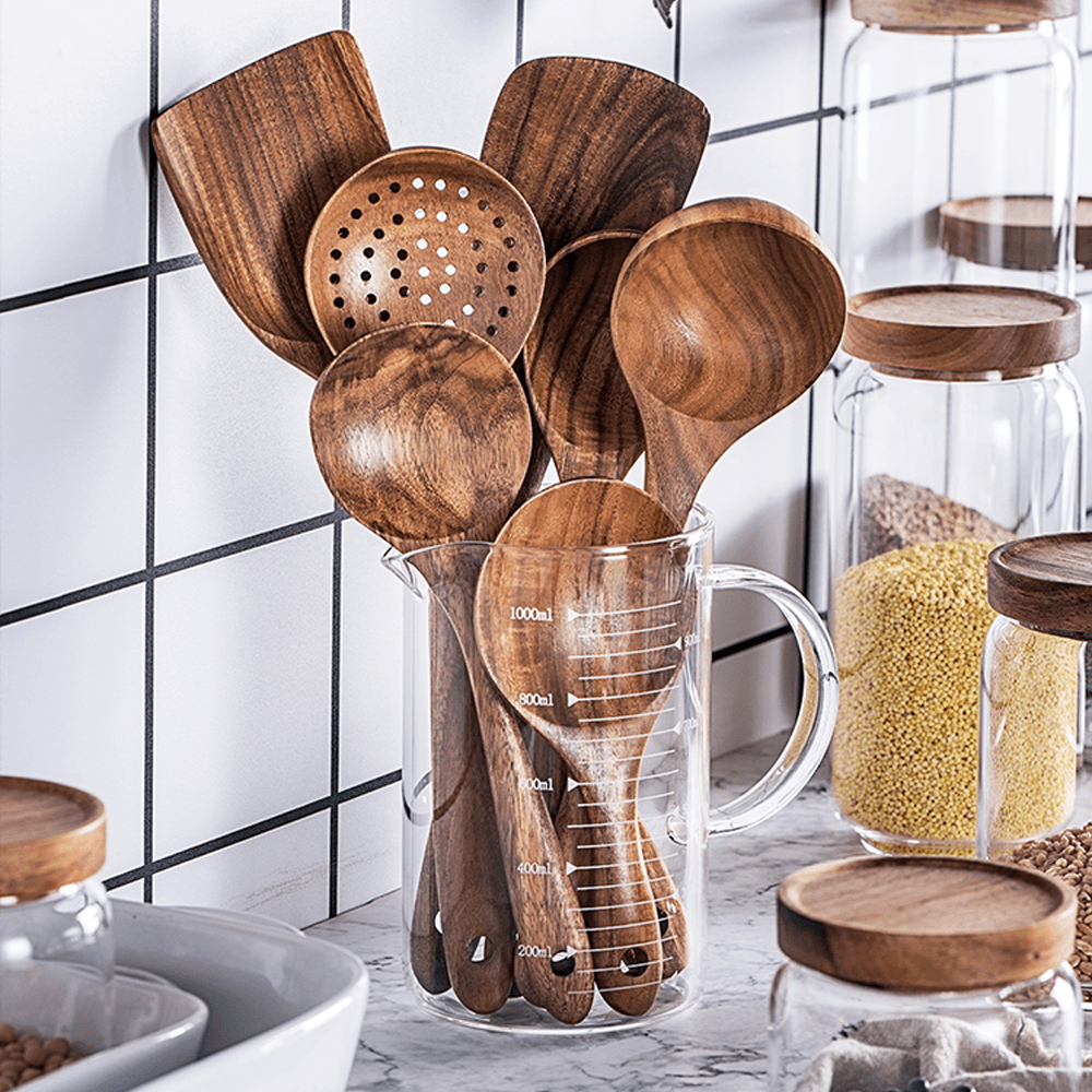 7 Piece Natural Teak Wood Spoons & Kitchen Utensils - Decotree.co Online Shop