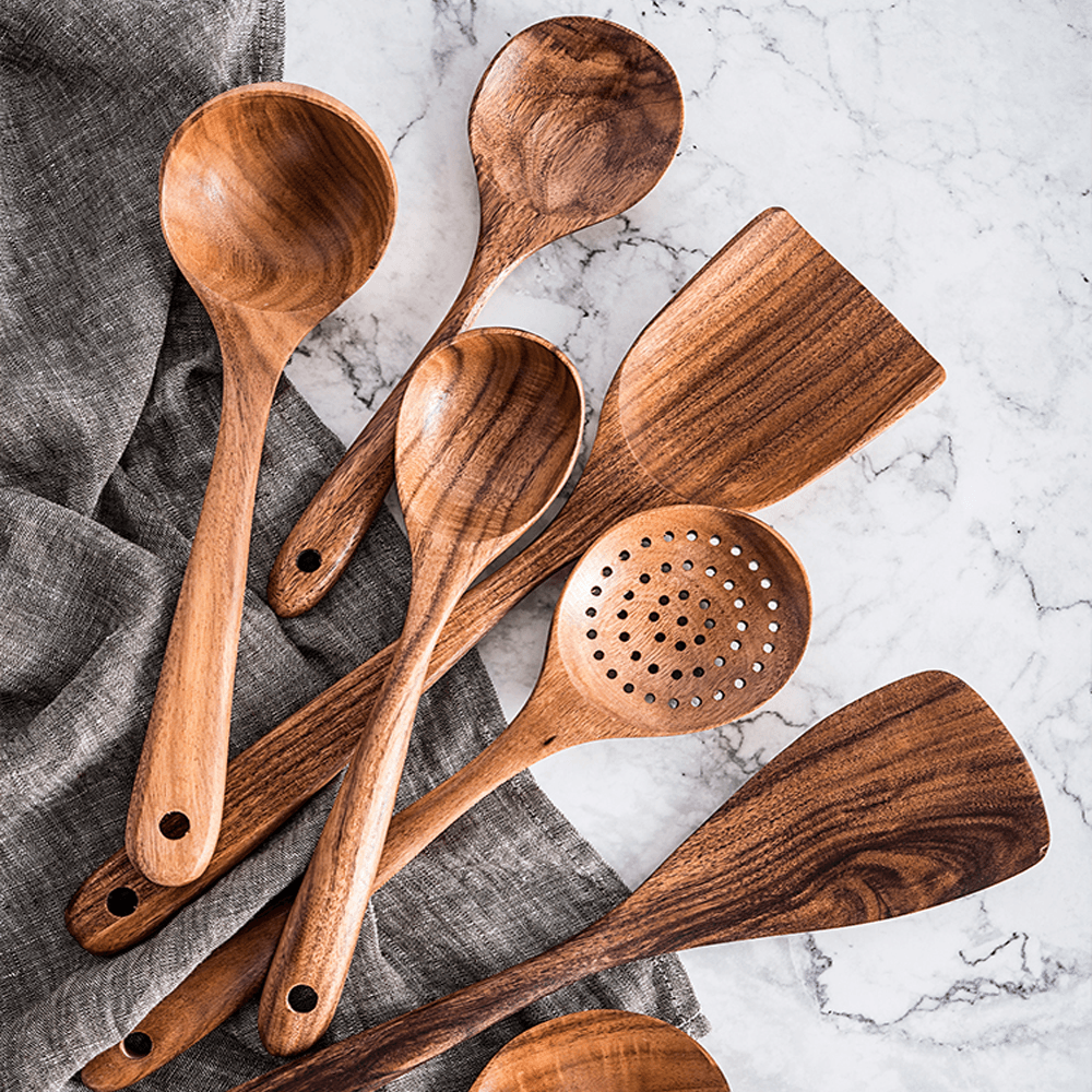 7 Piece Natural Teak Wood Spoons & Kitchen Utensils - Decotree.co Online Shop