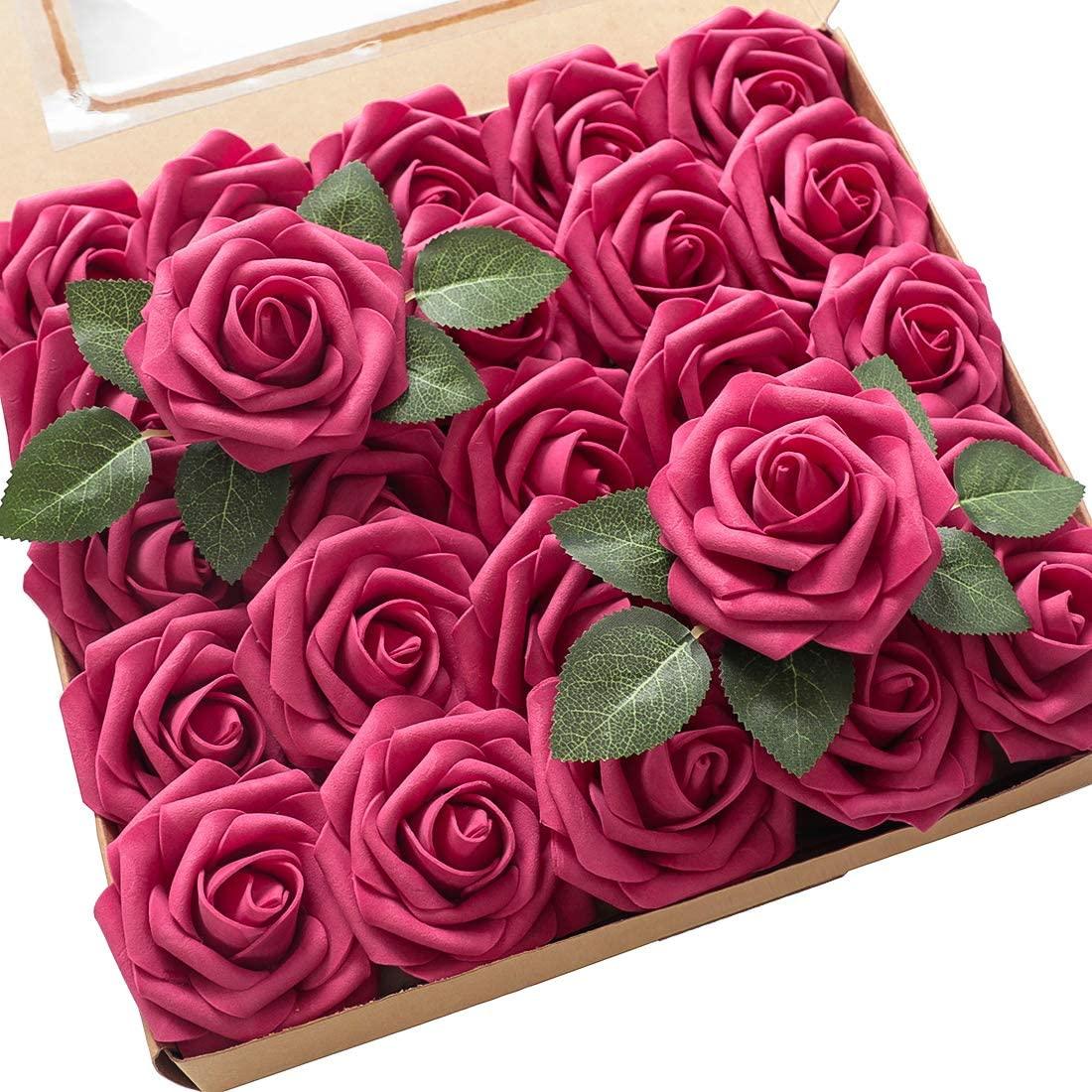 Real Looking Fuchsia Foam Fake Roses with Stems for DIY Wedding Bouquets Bridal Shower Centerpieces - Decotree.co Online Shop