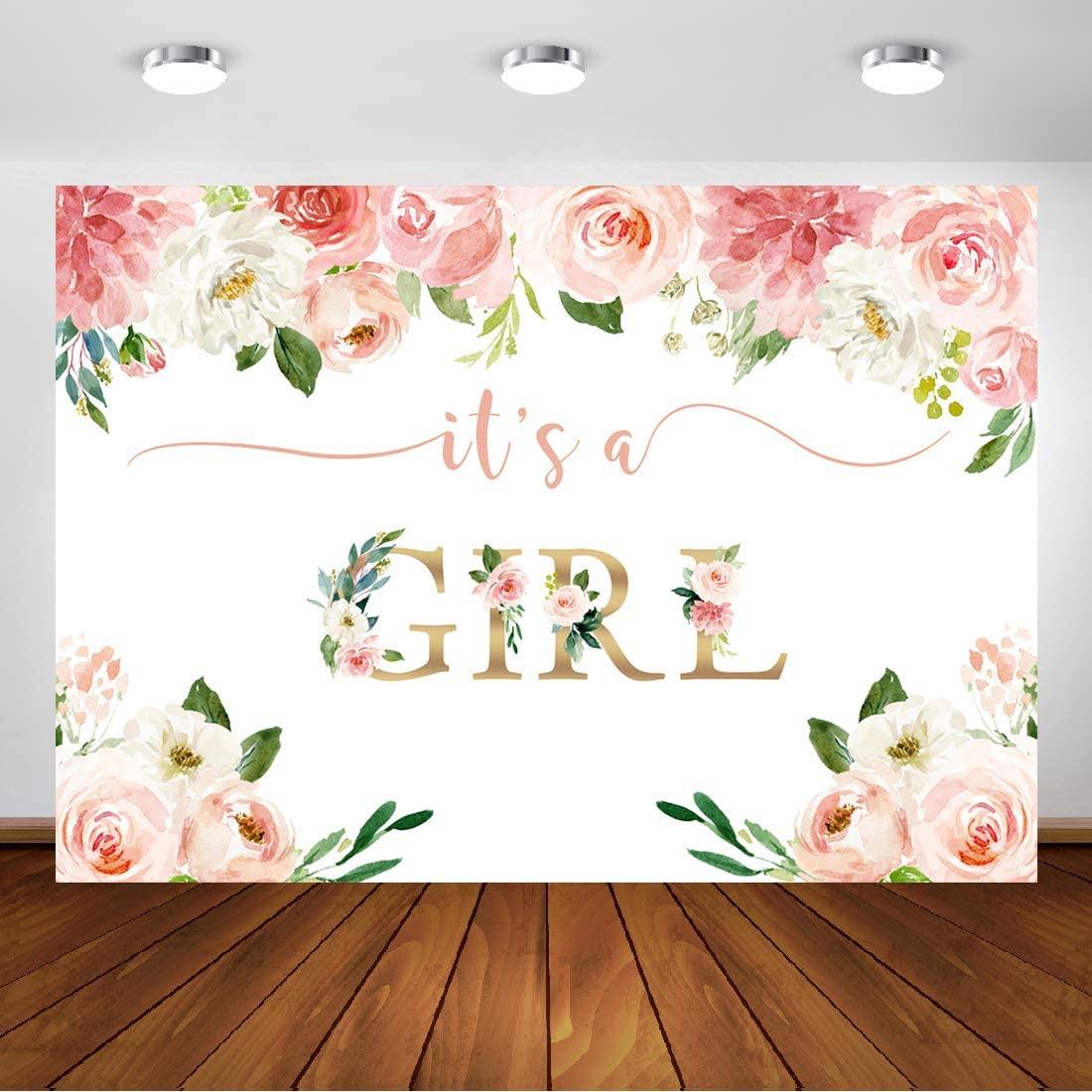 It's a Girl Baby Shower Backdrop Watercolor Pink Floral Photography Background 7x5ft - Decotree.co Online Shop