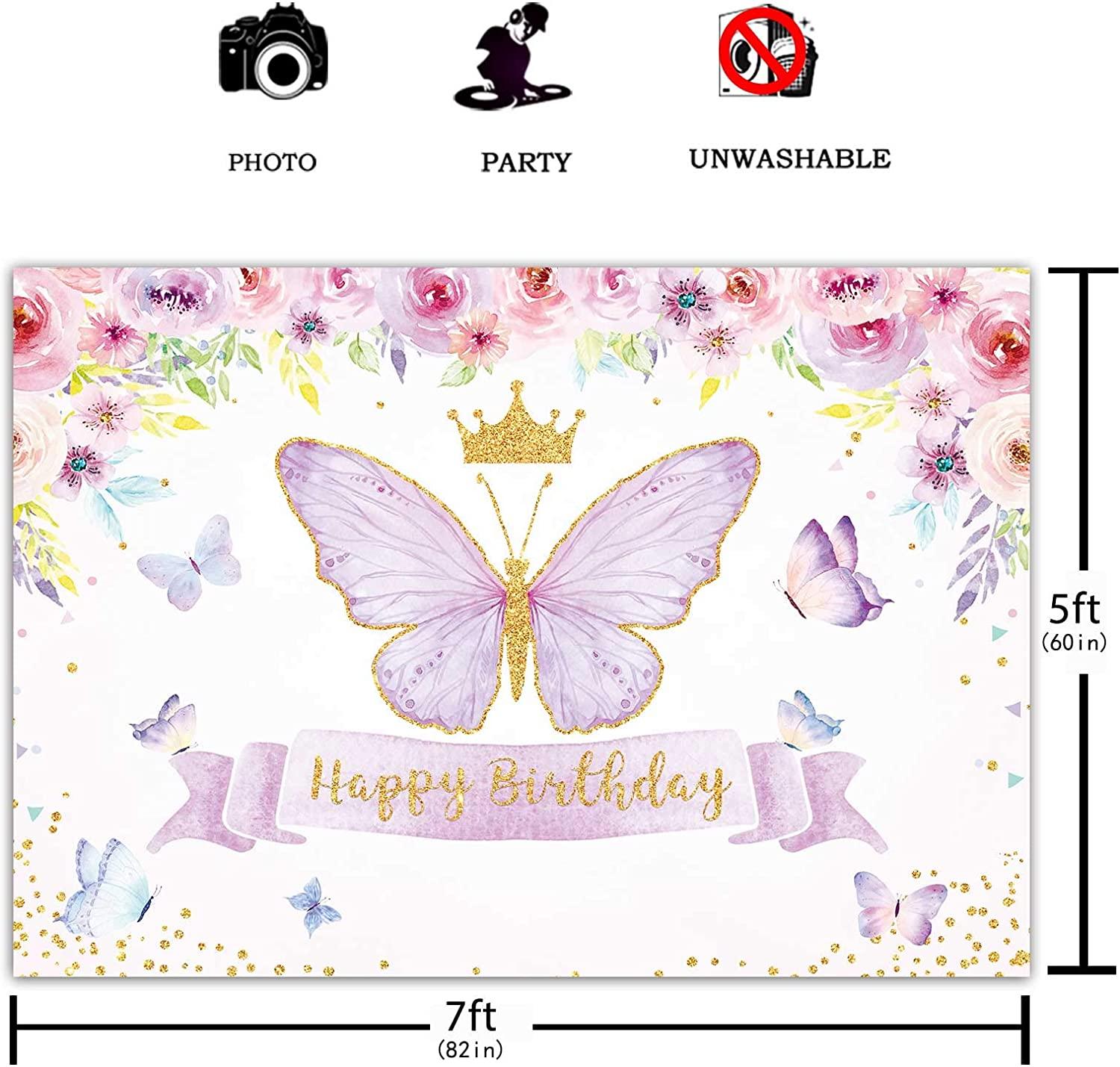 Happy Birthday Butterfly Party Backdrop Purple Baby Girls Princess Pink Rose Floral Gold Photography Background - Decotree.co Online Shop