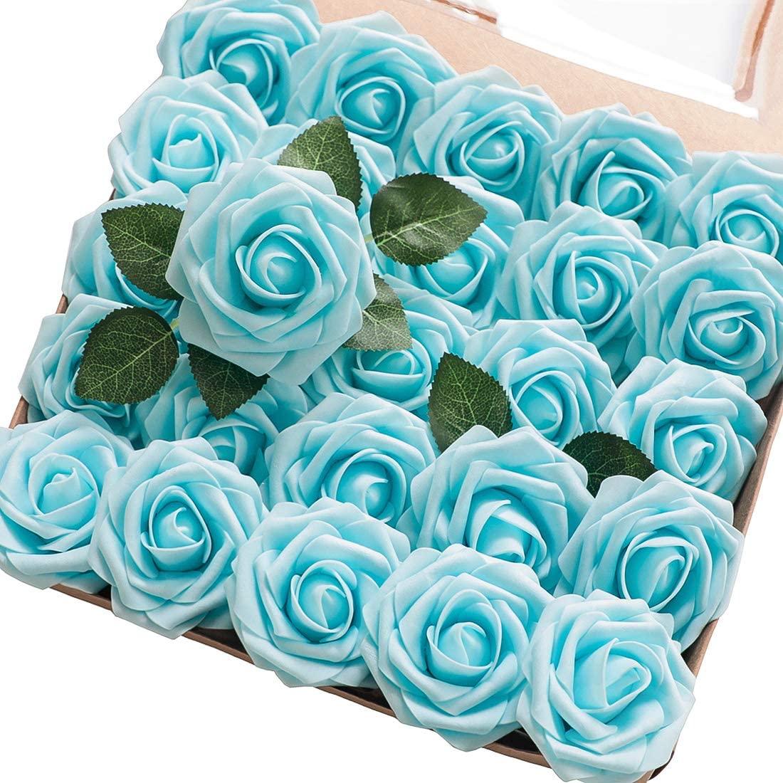 Artificial Flowers Real Looking Aqua Blue Foam Fake Roses with Stems for DIY Wedding Bouquets - Decotree.co Online Shop