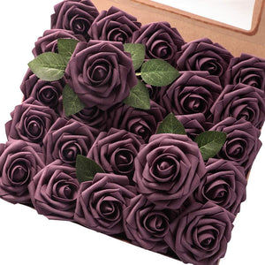Artificial Flowers Plum Foam Fake Roses with Stems for DIY Wedding Bouquets Bridal Shower Centerpieces - Decotree.co Online Shop
