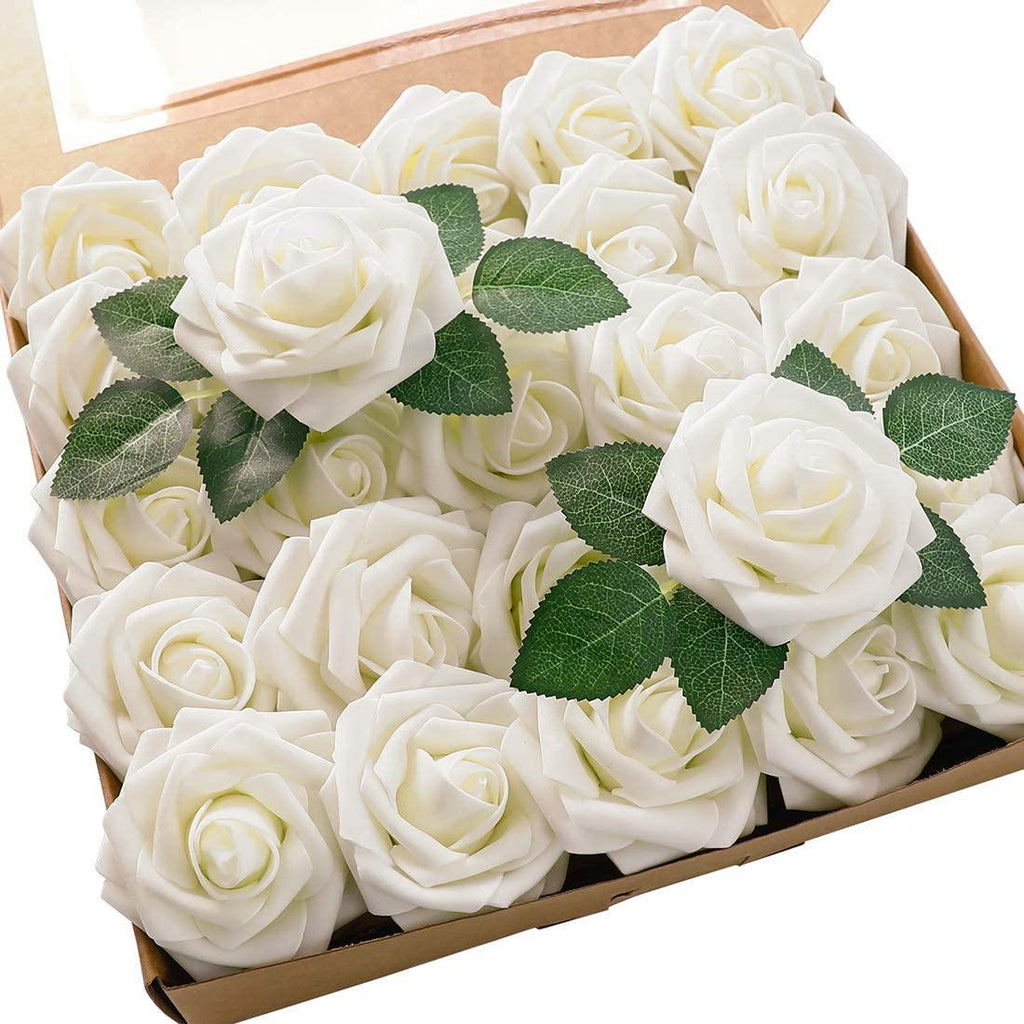 Artificial Flowers Real Looking Ivory Foam Fake Roses with Stems for DIY Wedding Bouquets White Baby Shower Centerpieces - Decotree.co Online Shop