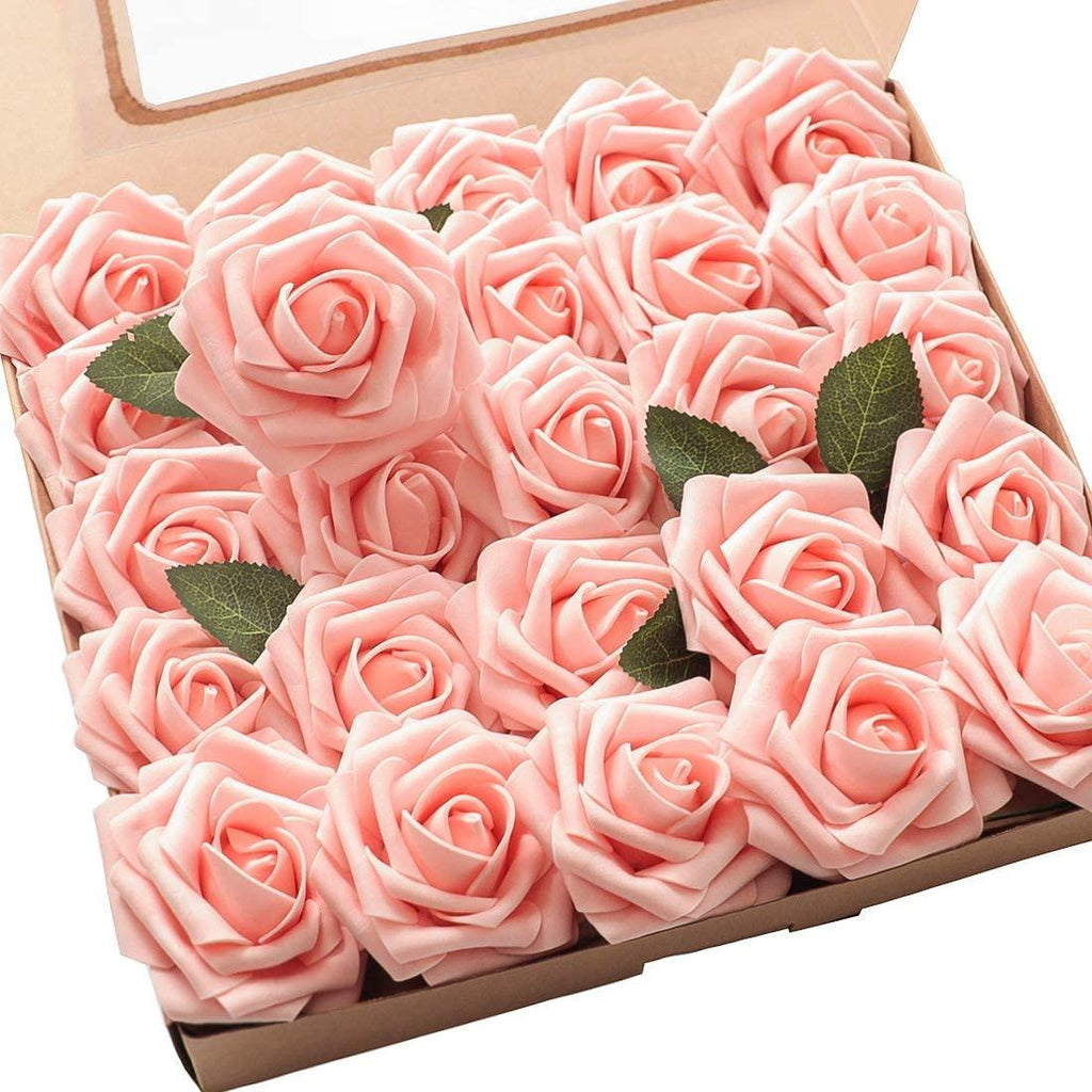 Peach Pink Foam Fake Roses with Stems for DIY Wedding Bouquets Bridal Shower Centerpieces - Decotree.co Online Shop