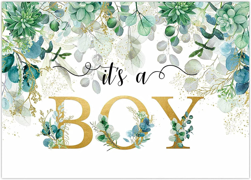 7X5FT It's a Boy Baby Shower Backdrop Succulent and Eucalyptus Leaves Background - Decotree.co Online Shop