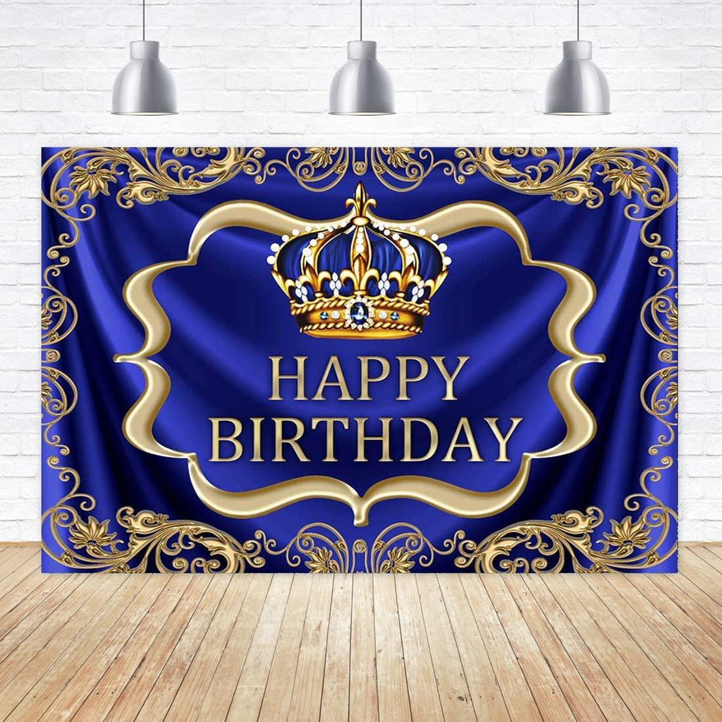 Royal Blue and Gold Happy Birthday Backdrop 7x5ft Little Baby Boy Prince King Crown Photography Background - Decotree.co Online Shop