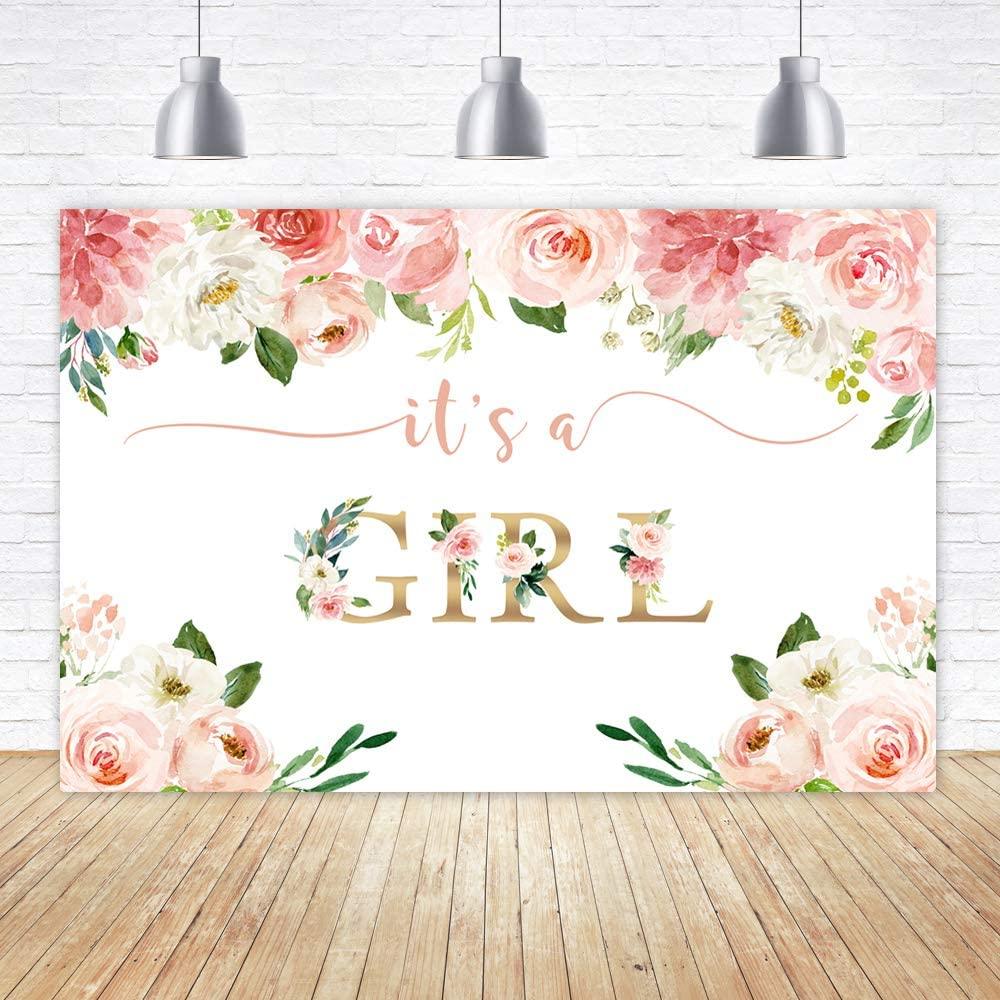 It's a Girl Baby Shower Backdrop Watercolor Pink Floral Photography Background 7x5ft - Decotree.co Online Shop