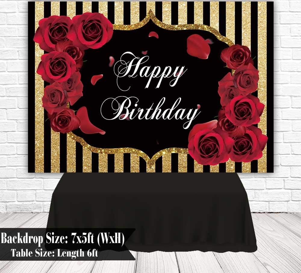 Floral Happy Birthday Party Backdrop Roses Flowers Black and God Stripes Girl Adult Photography Background - Decotree.co Online Shop