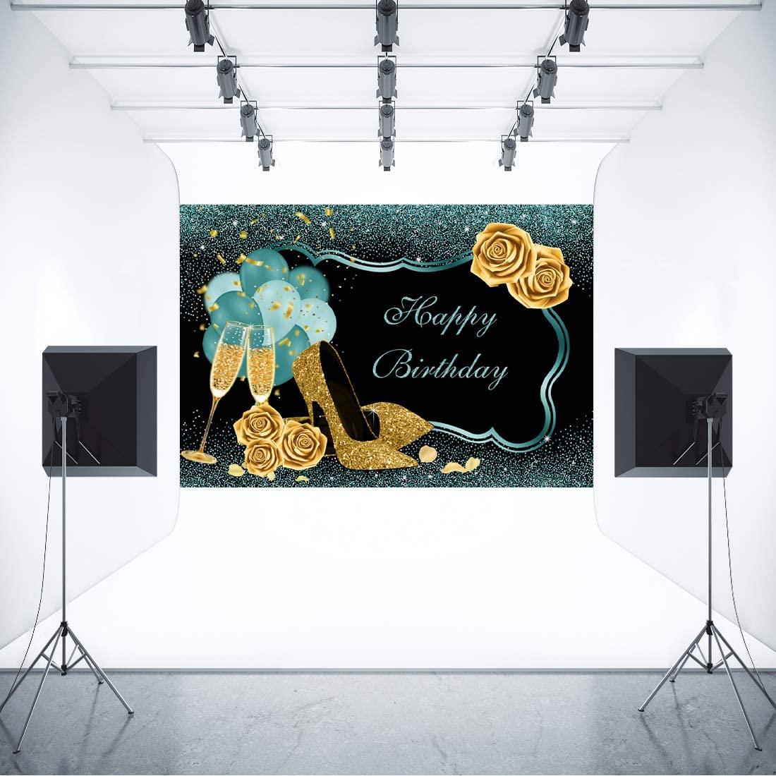 7x5ft Turquoise Green Gold Happy Birthday Backdrop Golden High Heels Glasses Photography Background - Decotree.co Online Shop