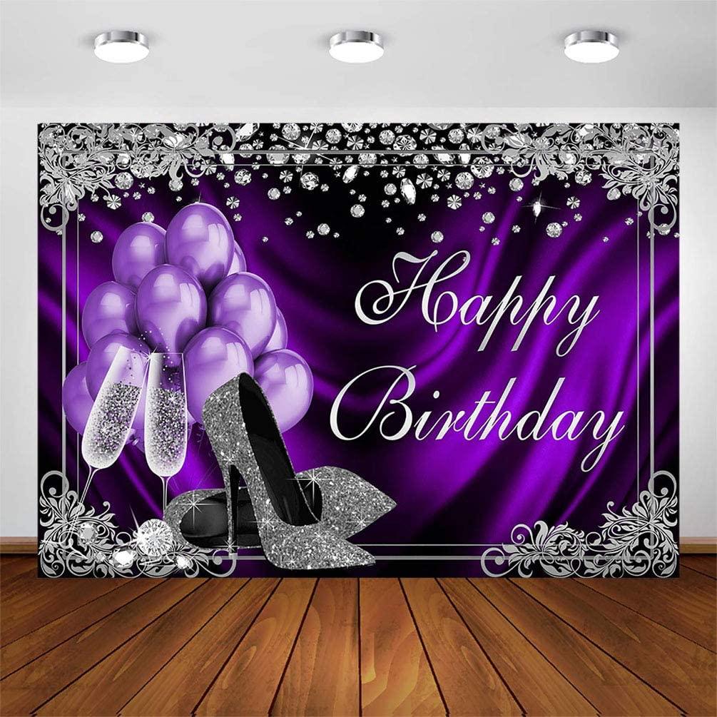 Silver Purple Birthday Photography Backdrops 7x5ft Purple Balloons Silver High Heels Champagne Birthday Party Banner Decoration - Decotree.co Online Shop