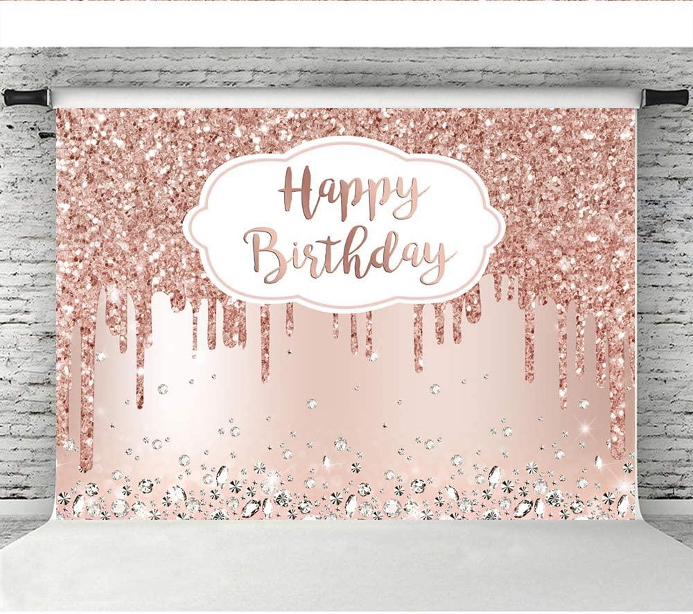 Pink Rose Golden Birthday Party Backdrop Glitter Diamonds Happy Birthday Background - Decotree.co Online Shop
