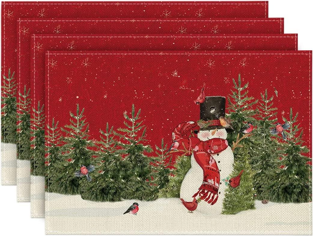Snowman Cardinals Trees Christmas Placemats for Dining Table, 12 x 18 Inch Xmas Holiday Rustic Vintage Thanksgiving Washable Table Mats Set of 4 - Decotree.co Online Shop