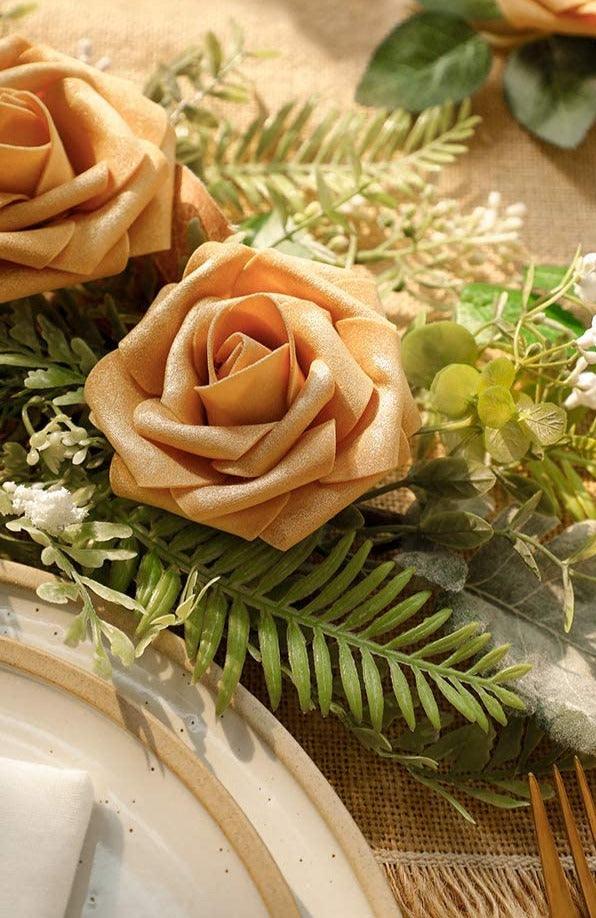 Real Looking Gold Foam Fake Roses with Stems for DIY Wedding Bouquets - Decotree.co Online Shop