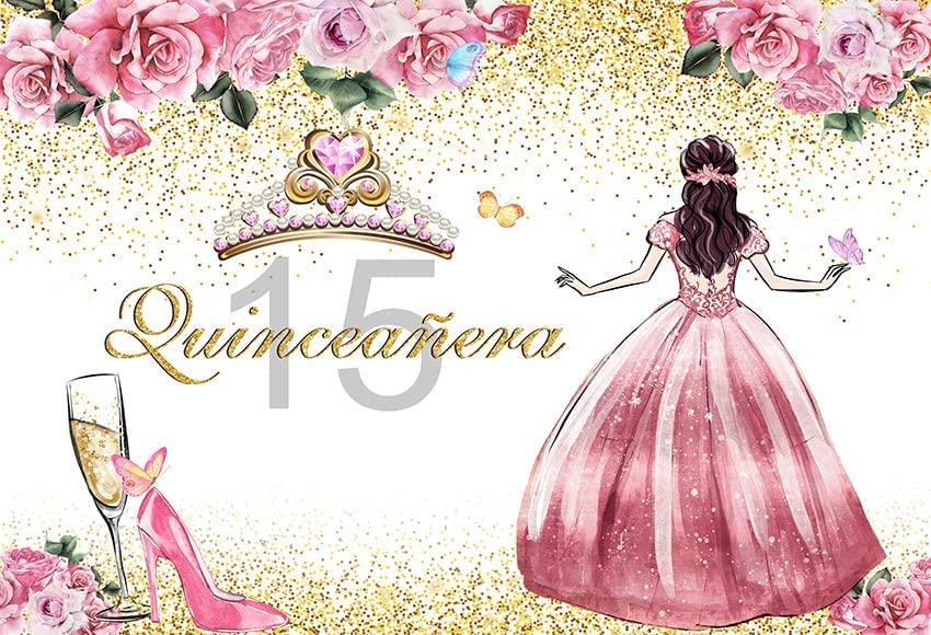 Quinceanera Backdrop for Girl Happy 15th Birthday Background Pink Flowers High Heels Crown Princess Birthday Party Decorations - Decotree.co Online Shop