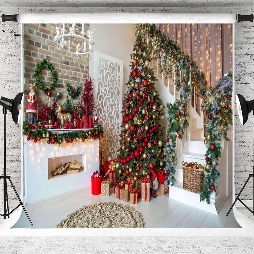 7x5FT Christmas Backdrops for Photography Fireplace Christmas Photography Background Indoors Xmas Tree Gift - Decotree.co Online Shop