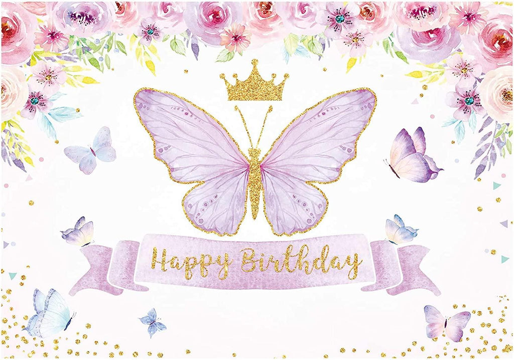 Happy Birthday Butterfly Party Backdrop Purple Baby Girls Princess Pink Rose Floral Gold Photography Background - Decotree.co Online Shop