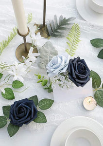 Artificial Flowers Real Looking Navy Blue Foam Fake Roses with Stems for DIY Wedding Bouquets Bridal Shower Centerpieces - Decotree.co Online Shop