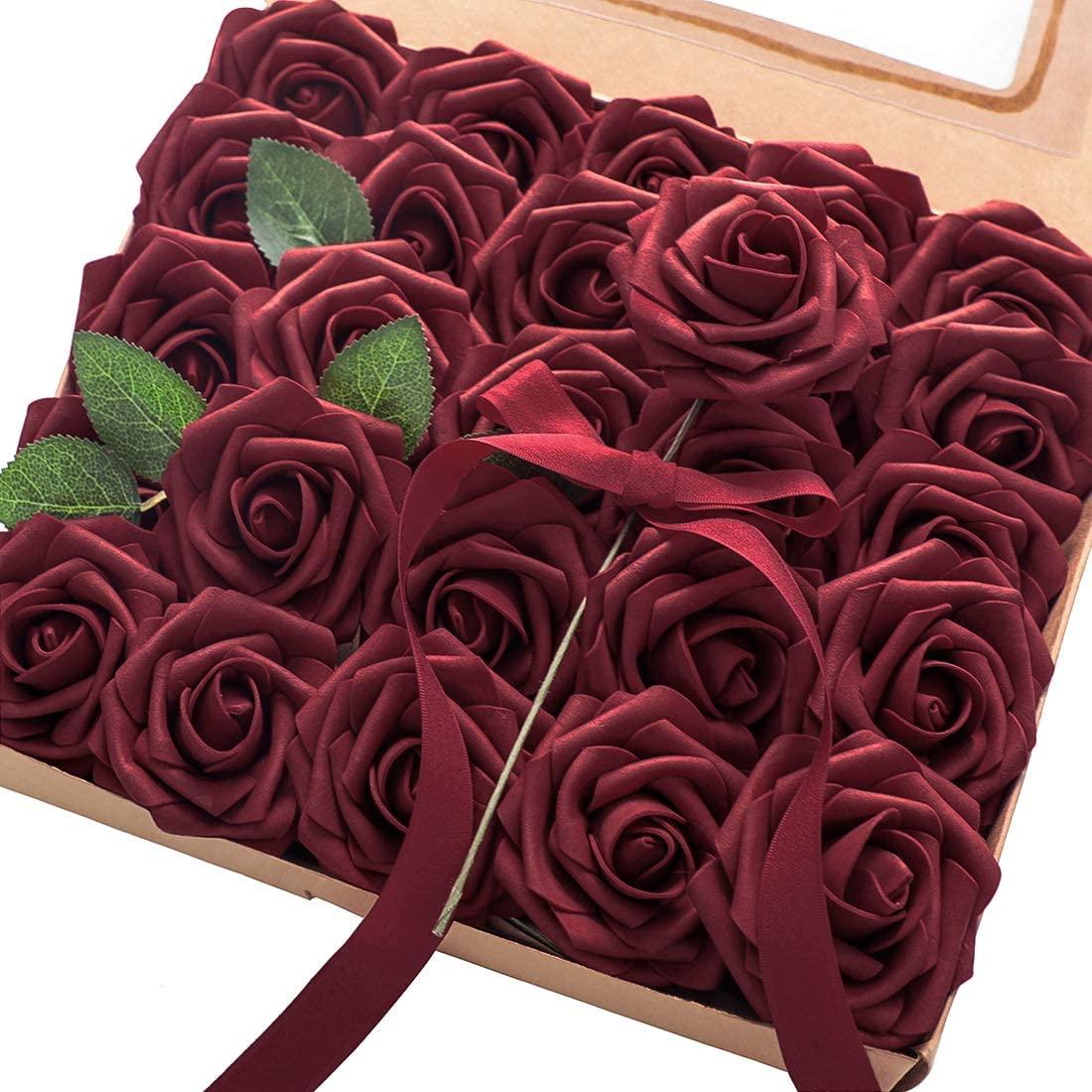 Artificial Flowers Real Looking Burgundy Foam Fake Roses with Stems for DIY Wedding Bouquets Bridal Shower Centerpieces Decorations - Decotree.co Online Shop