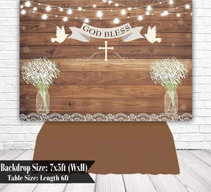First Holy Communion Baptism Party Backdrop Rustic Wood God Bless Floral Photography Background - Decotree.co Online Shop