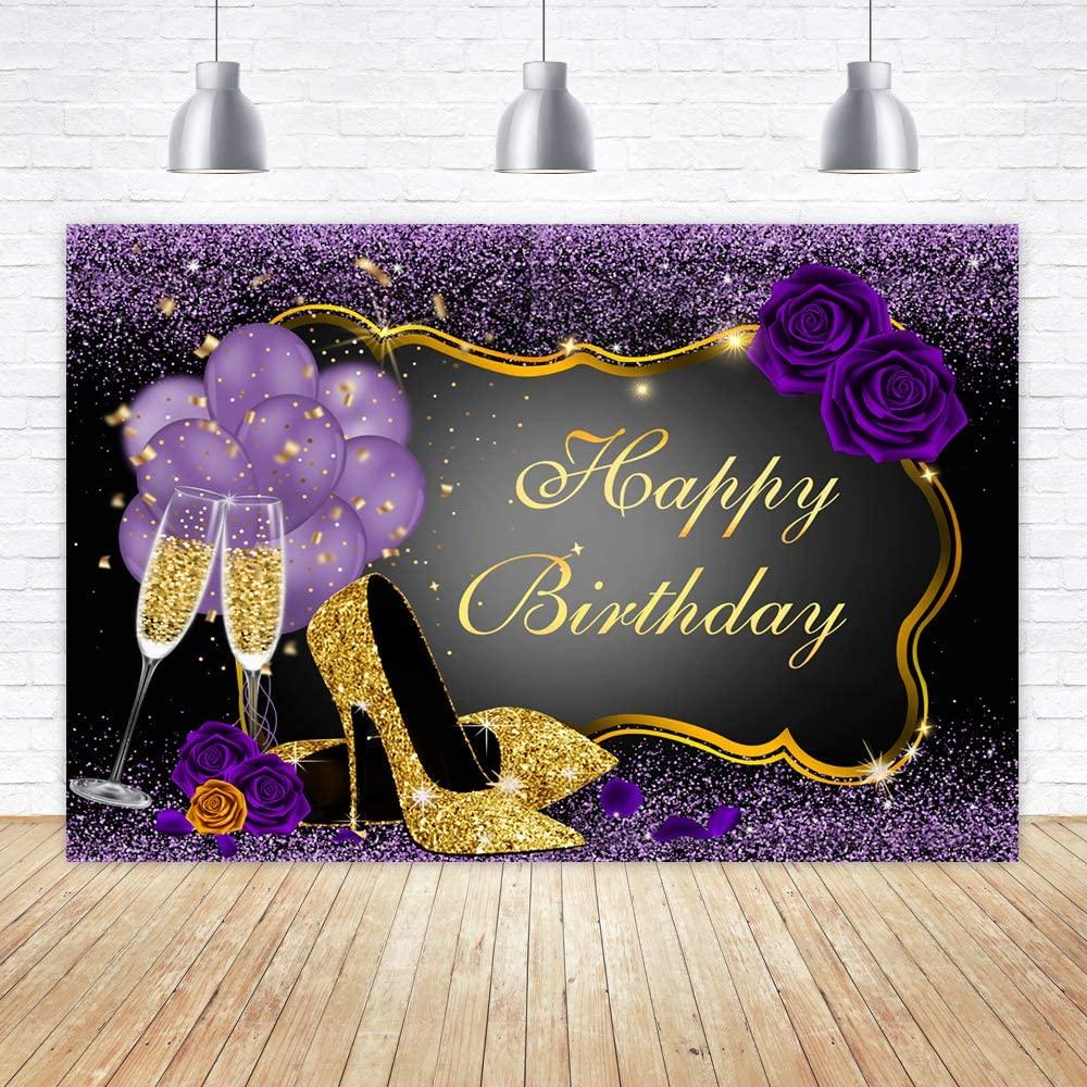 7x5FT Purple Happy Birthday Backdrop Rose Shiny Sequin High Heels Champagne Golden Frame Glasses Photography Background - Decotree.co Online Shop