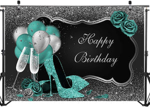 Teal Silver Happy Birthday Backdrop Glitter Green Balloons High Heels Champagne Woman's Birthday Photography Background - Decotree.co Online Shop