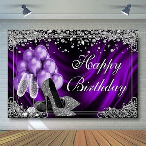 Silver Purple Birthday Photography Backdrops 7x5ft Purple Balloons Silver High Heels Champagne Birthday Party Banner Decoration - Decotree.co Online Shop