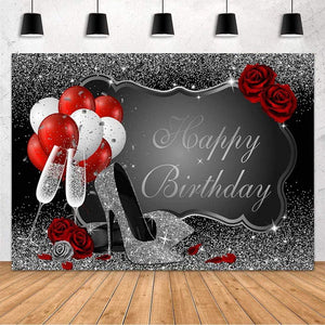 Glitter Silver Happy Birthday Party Decorations Backdrop for Women - Decotree.co Online Shop