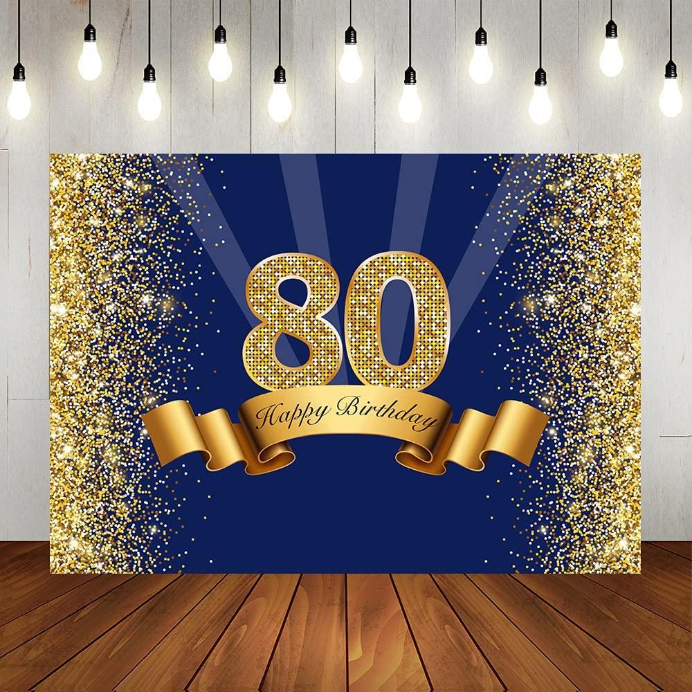 Happy 80th Birthday Photography Backdrop for Adult Men Navy Blue and Glitter Gold Eighty Years Old Background - Decotree.co Online Shop