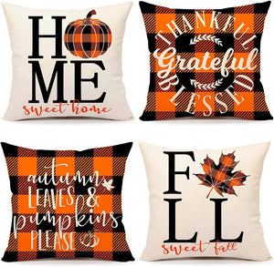 4pcs Fall Decor Pillow Covers 18x18" Thanksgiving Buffalo Check Farmhouse Decorations - Decotree.co Online Shop