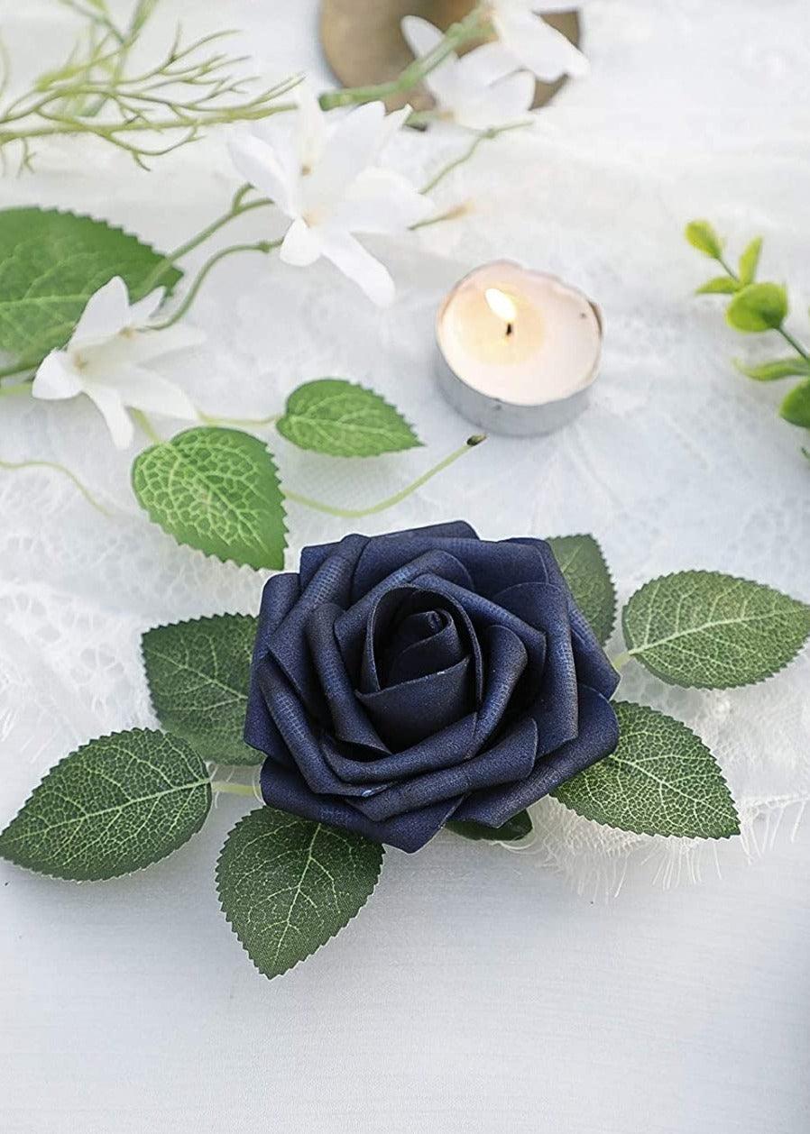 Artificial Flowers Real Looking Navy Blue Foam Fake Roses with Stems for DIY Wedding Bouquets Bridal Shower Centerpieces - Decotree.co Online Shop