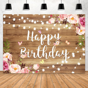 7x5ft Pink Floral Happy Birthday Backdrop Butterfly Wooden Floor Watercolor Flowers Girls Photography Background - Decotree.co Online Shop