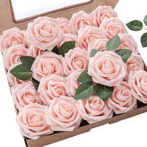 Real Looking Artificial Flowers Blush Foam Fake Roses with Stems for DIY Wedding Bouquets Pink Bridal Shower Centerpieces - Decotree.co Online Shop