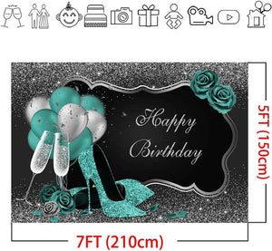 Teal Silver Happy Birthday Backdrop Glitter Green Balloons High Heels Champagne Woman's Birthday Photography Background - Decotree.co Online Shop