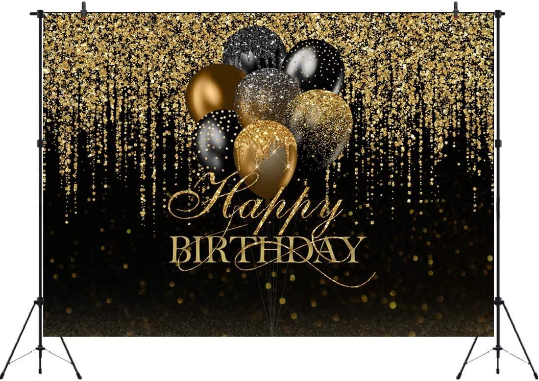 7x5ft Happy Birthday Backdrop Glitter Black and Gold Balloons Photography Background - Decotree.co Online Shop