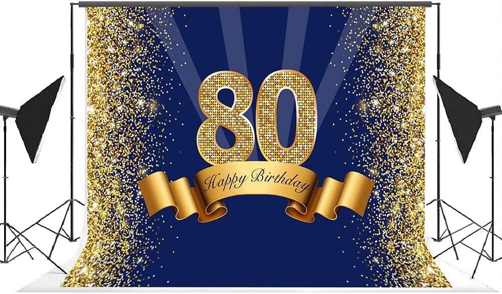 Happy 80th Birthday Photography Backdrop for Adult Men Navy Blue and Glitter Gold Eighty Years Old Background - Decotree.co Online Shop