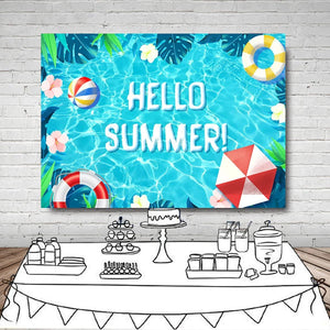 Hello Summer Pool Party Backdrop Tropical Swimming Ring Balls Hawaiian Birthday Photography Background - Decotree.co Online Shop