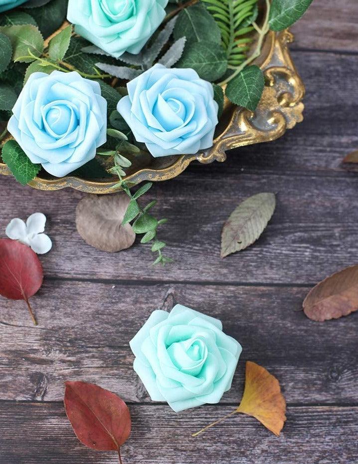 Artificial Flowers Real Looking Aqua Blue Foam Fake Roses with Stems for DIY Wedding Bouquets - Decotree.co Online Shop