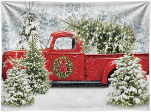 Christmas Red Truck Backdrop Winter Snowy Forest Tree Background - Decotree.co Online Shop