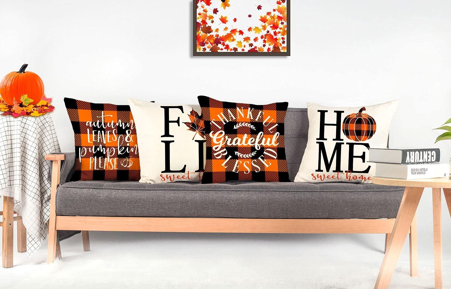 4pcs Fall Decor Pillow Covers 18x18" Thanksgiving Buffalo Check Farmhouse Decorations - Decotree.co Online Shop
