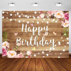 7x5ft Pink Floral Happy Birthday Backdrop Butterfly Wooden Floor Watercolor Flowers Girls Photography Background - Decotree.co Online Shop