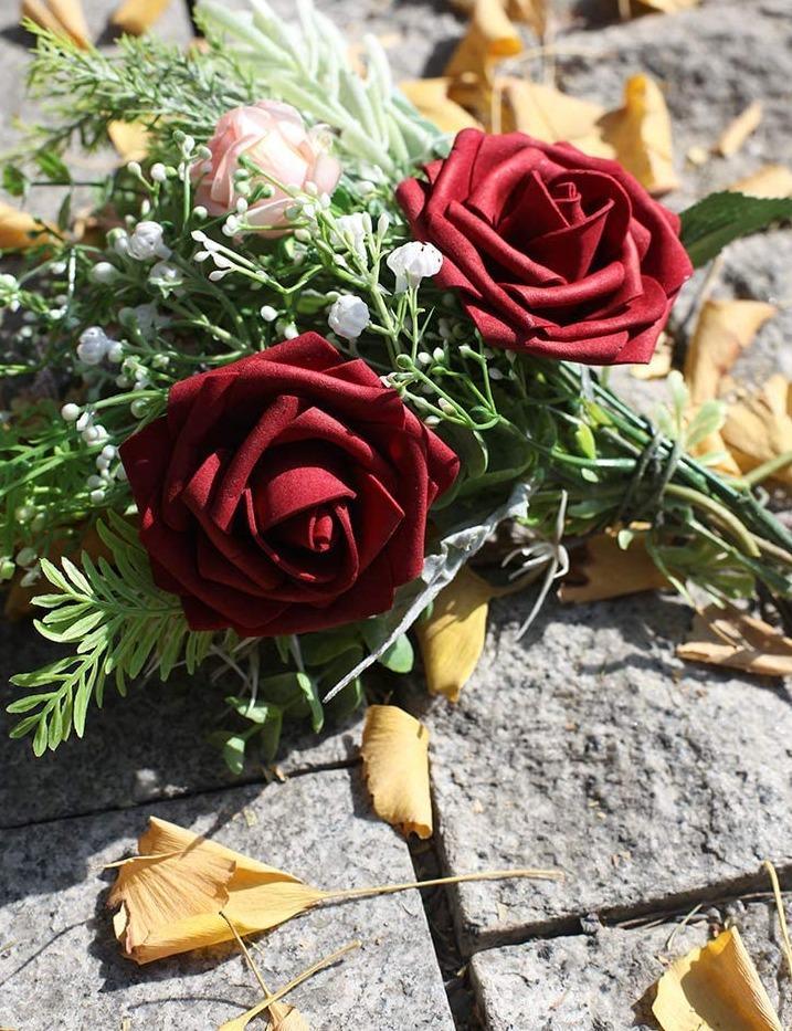 Artificial Flowers Real Looking Burgundy Foam Fake Roses with Stems for DIY Wedding Bouquets Bridal Shower Centerpieces Decorations - Decotree.co Online Shop