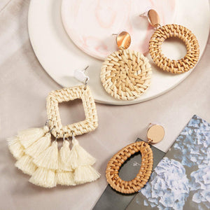 4 Pairs Rattan Earrings Lightweight Geometric Tassel Woven Bohemian Earrings Handmade - Decotree.co Online Shop