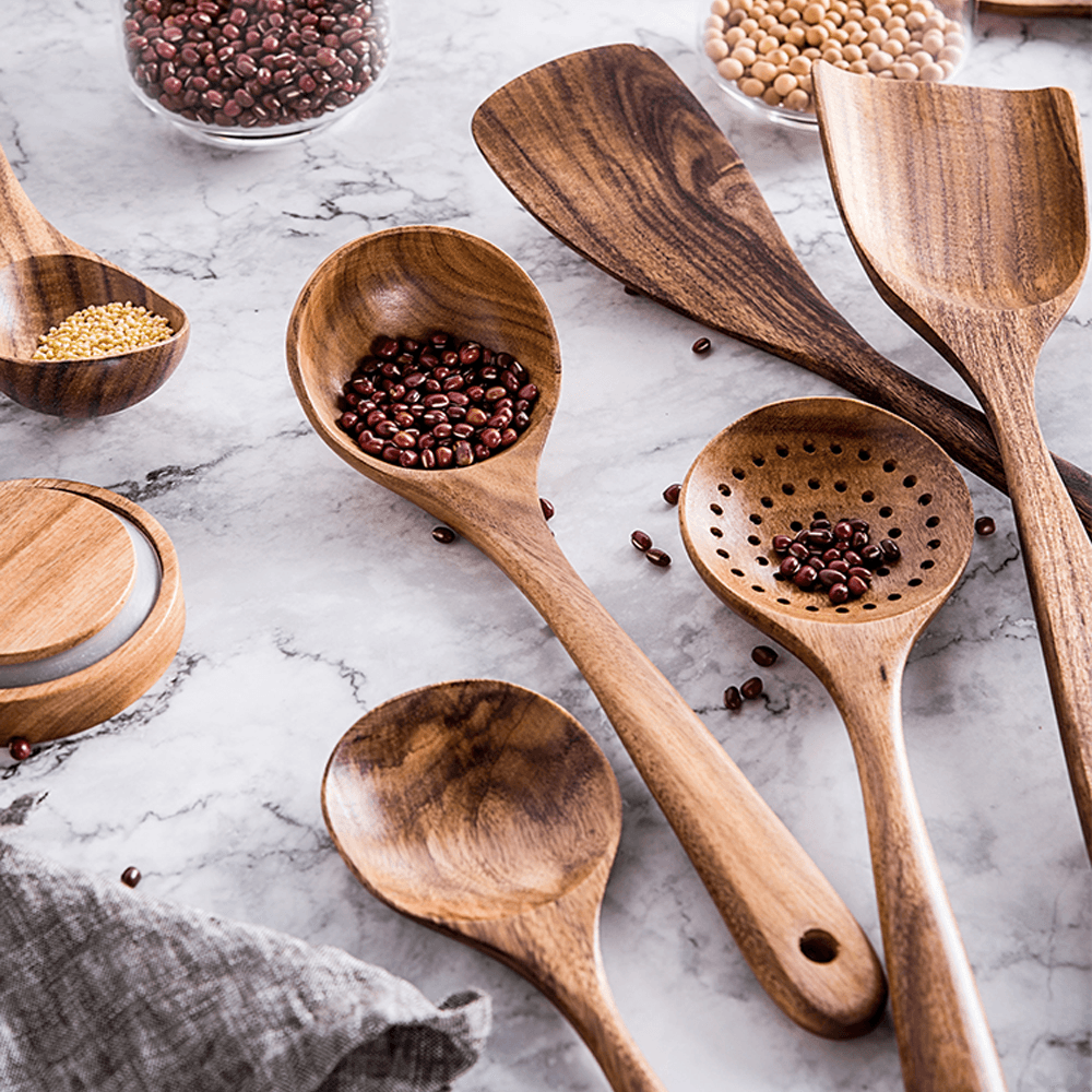 7 Piece Natural Teak Wood Spoons & Kitchen Utensils - Decotree.co Online Shop