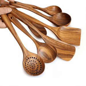 7 Piece Natural Teak Wood Spoons & Kitchen Utensils - Decotree.co Online Shop