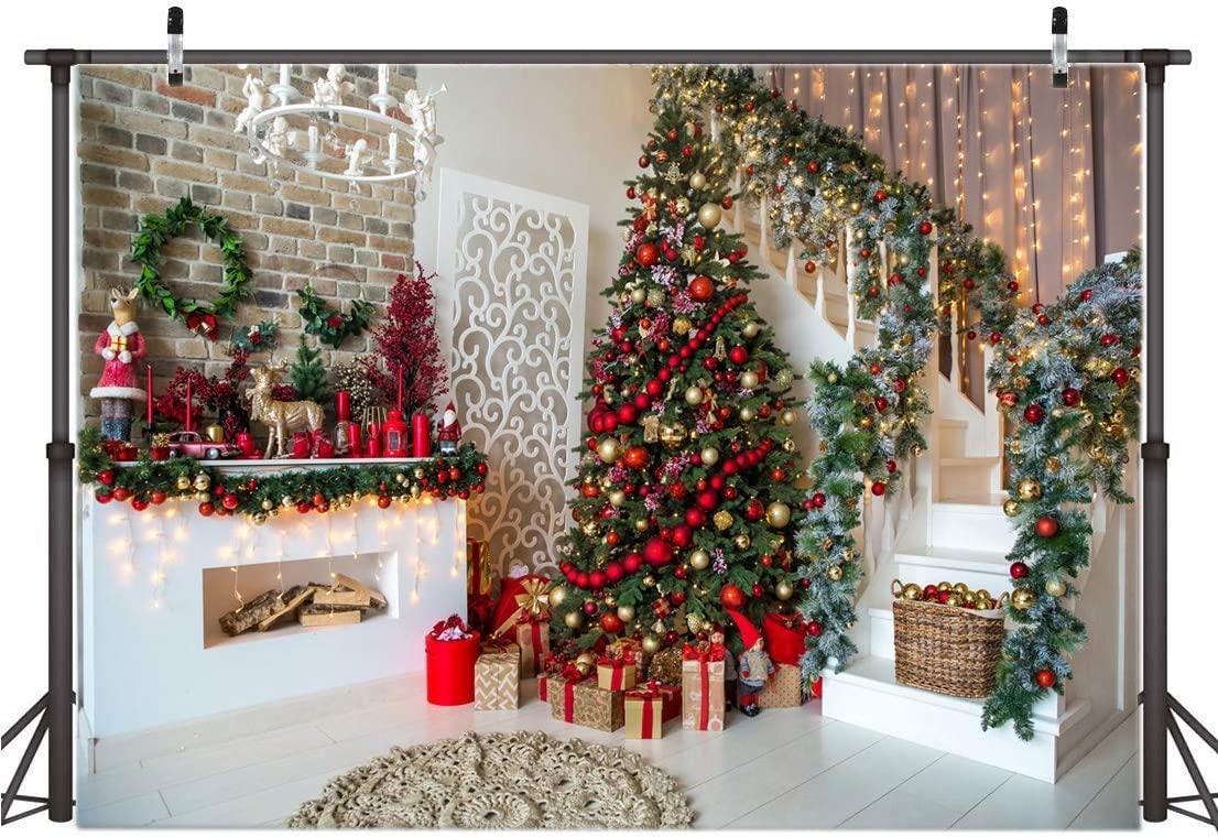 7x5FT Christmas Backdrops for Photography Fireplace Christmas Photography Background Indoors Xmas Tree Gift - Decotree.co Online Shop